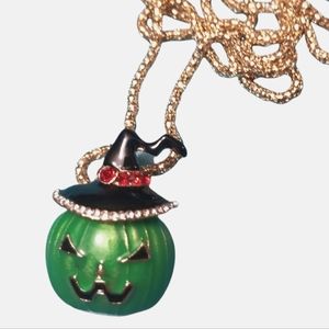 Jeweled green pumpkin necklace gold tone New
